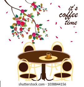 Vector poster with phrase spring all wakes up, flowers sakura blossom. Typography card, image with lettering.  It's coffee time.