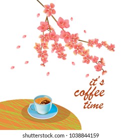 Vector poster with phrase spring all wakes up, flowers sakura blossom. Typography card, image with lettering.  It's coffee time.