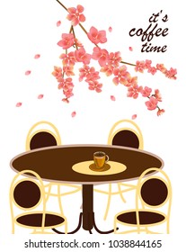 Vector poster with phrase spring all wakes up, flowers sakura blossom. Typography card, image with lettering.  It's coffee time.