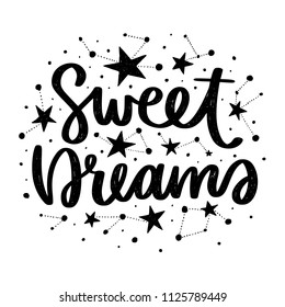 Vector poster with phrase and stars. Typography card, image with lettering. Black quote and different constellations. Design for t-shirt and prints. Sweet dreams.