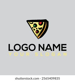 Vector poster for Pizza: label with isolated piece of home made pizza with melted cheese, pepperoni, tomato and olives ingredients, logo with title text pizza on white background for restaurant menu.