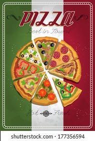 Vector poster with pizza and a slice of pizza. Italian food. Vintage style. 