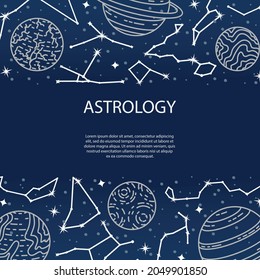 Vector poster with planets and constellations. Astrological background. A template with space for text.
