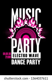 Vector poster or playbill for a dance music party in the night club with audio speaker on the black background. Can be used for flyer, playbill, poster, t-shirt design, banner, tickets