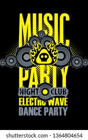 Vector poster or playbill for a dance music party in the night club with audio speaker on the black background. Can be used for flyer, playbill, poster, t-shirt design, banner, tickets