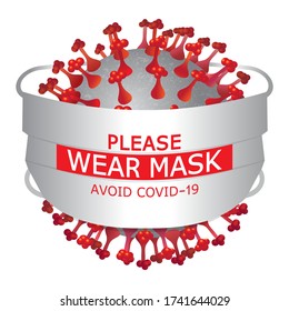 Vector poster. Please wear mask avoid covid-19.
Virus outbreak prevention and pollution protection.Сaution sign. Print.