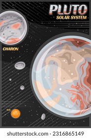 Vector Poster for Pluto, vertical banner with illustration of rotating satellite charon around cartoon pluto planet on black starry background, decorative cosmo leaflet with words pluto - solar system