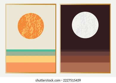Vector poster. Posters with an abstract landscape. The sun and the moon. Set of modern art print templates. Nature backgrounds for your social networks.