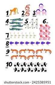 Vector poster or print with cartoon colorful animals and numbers from 1 to 10. Preschool and kindergarten children learn numbers