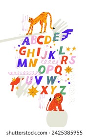 Vector poster or print with cartoon colorful animals illustration. English alphabet with capital letters. ABC book symbols for kids