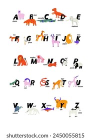 Vector poster or print with cartoon colorful animals illustration. English alphabet with capital letters. ABC book symbols for kids