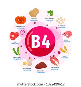 Vector poster products with vitamin B4. Cartoon illustrations of products. 