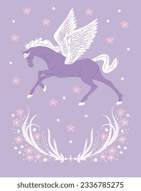 Vector poster of purple horse with wings. Floral ornament, flowers on lilac background. Hand drawn fantastic horse, mythological creature Pegasus. Cartoon dream freedom symbol, fairy tale character.