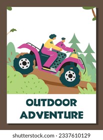 Afiche vectorial con moto cuádruple púrpura con gente que viaja por el bosque. ATV, transporte en moto de cuatro ruedas. Deporte extremo y entretenimiento, concepto de aventura al aire libre en marco marrón