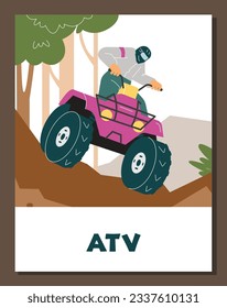 Vector poster with purple Quad bike with man in helmet off-road driving in the forest. ATV, four-wheeled motorcycle transportation. Extreme sport and entertainment, outdoor adventure concept