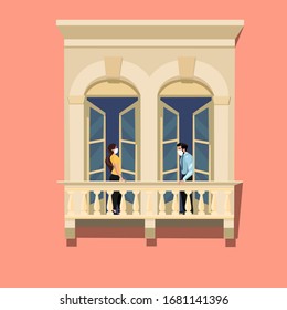 
Vector poster "Quarantine". Made in a flat style. Neighbors standing on the balcony. For industry, business, warning to citizens