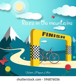 Vector poster Race in the mountains the gradient blue background and bicycle  finish gate  road  sun  clouds  mountains  flowers   butterflies 