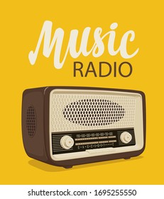 Vector poster for radio station with an old radio receiver and inscription Music radio on the yellow background. Radio broadcasting banner. Suitable for advertising, banner, poster, flyer