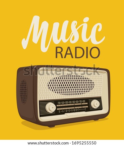 Vector poster for radio station with an old radio receiver and inscription Music radio on the yellow background. Radio broadcasting banner. Suitable for advertising, banner, poster, flyer