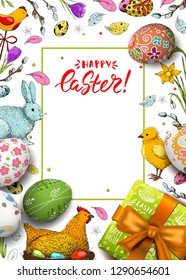 Vector poster with realistic 3D decorated eggs and gift box. Handwriting inscription Happy Easter. Holiday background. Lettering, modern calligraphy. Vintage hand drawn sketch elements.