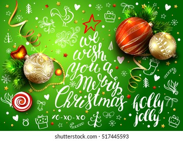 Vector poster with realistic balls and decorations. Hand drawn rooster, elements and calligraphy inscriptions. 3D. Merry Christmas Lettering inside the fir tree. 