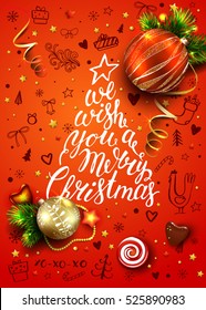 Vector poster with realistic balls and decorations. Hand drawn rooster, elements and calligraphy inscriptions. 3D. Merry Christmas Lettering inside the fir tree. 