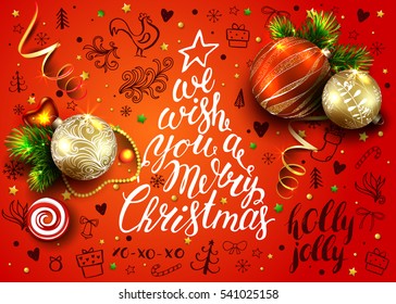 Vector poster with realistic branch, balls and decorations. Hand drawn rooster, elements and calligraphy inscriptions. 3D. Merry Christmas Lettering inside the fir tree. 