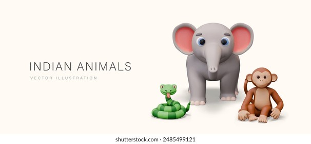 Vector poster with realistic Indian animals. Group of characters on yellow background