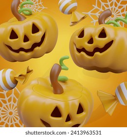 Vector poster with realistic jack lanterns and candies. Ripe pumpkin with carved eyes and sinister smile. Concept of trick or treat. Layout on yellow background with cobwebs