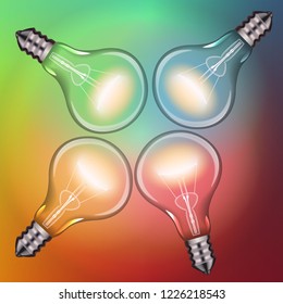 Vector poster of a realistic multicolor incandescent lamp, glowing brightly on a colorful light background. With a realistic image of a split tungsten filament, a glass bulb and a shiny metal base