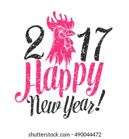 Vector poster with red Rooster and lettering. Happy new year 2017 design.