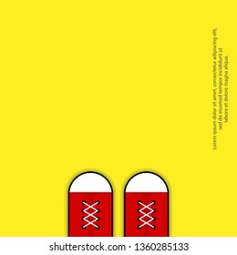 Vector poster of red sneakers shoes on yellow background. Hipster illustration for logo, poster, postcard, fashion booklet, flyer.