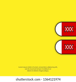 Vector poster of red sneakers shoes on yellow background. Hipster illustration for logo, poster, postcard, fashion booklet, flyer.