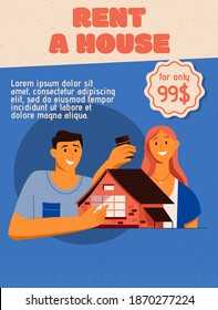 Vector poster of Rent a House concept. Happy couple chooses future housing. Smiling man and woman holding model of home. Real estate agency, renting service. Vector illustration of advertising banner