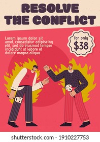 Vector poster of Resolve the Conflict concept. Angry men burning with anger and shouting at each other. Help with communication problems in relationships. Character illustration of advertising banner