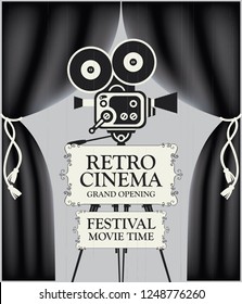 Vector poster for retro cinema movie festival with black Curtains and old fashioned movie camera on the tripod in vintage style. Can be used for banner, poster, web page, background. Grand opening