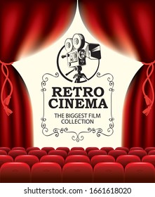 Vector poster for retro cinema with an old movie projector and inscription. Movie hall with big screen, red curtains and seats. Empty movie theater. Suitable for advertising banner, flyer, background