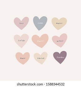 Vector poster of retro hued heart silhouette in various shapes with love word inscriptions in different languages on light background. Simple flat hearty design with rough, uneven edge. Lovely hearty