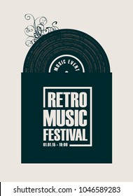 Vector poster for a retro music festival with black vinyl record in grunge style.