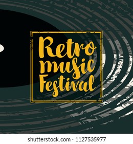 Vector poster for retro music festival with black vinyl record and yellow calligraphy lettering