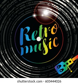 Vector poster for the retro music with vinyl record, record player and multicolor lettering