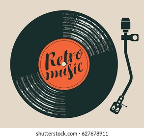 Vector poster for the retro music with vinyl record, record player and handwriting lettering