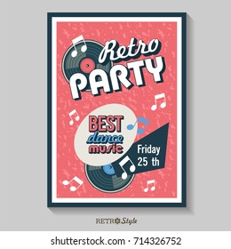 Vector poster. Retro party. The best dance music. Vintage emblem with a vinyl record.