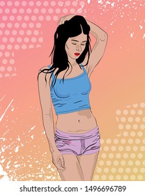 Vector poster in retro style. Drawn sexy girl in shorts. Pose of a girl on a bright background. Beautiful girl in a vintage style.