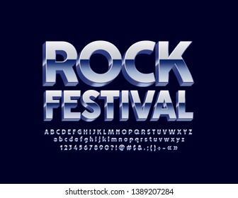 Vector poster Rock Festival with metallic Alphabet set. 3D Silver Font. Isometric chrome Letters, Numbers and Symbols