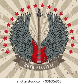 vector poster for rock festival with winged guitar. EPS