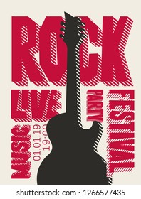 Vector poster for Rock party or festival with live music. Banner with red lettering and black electric guitar