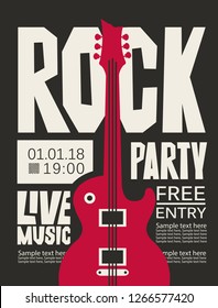 Vector poster for Rock party with live music. Banner with place for text and a red electric guitar on the black background.