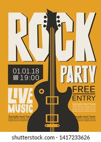 Vector poster for Rock party with live music. Banner with place for text and an electric guitar on the yellow background.