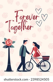 Vector poster romantic couple. Valentine's day concept frame in flat style. Love banner or greeting card